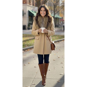 Donna Salyers Coat with Faux Fur Collar XL Women Beige Old Money Quiet Luxury